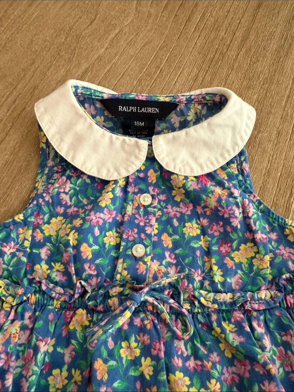 Ralph Lauren Blue Floral Baby Bubble Romper with White Peter Pan Collar